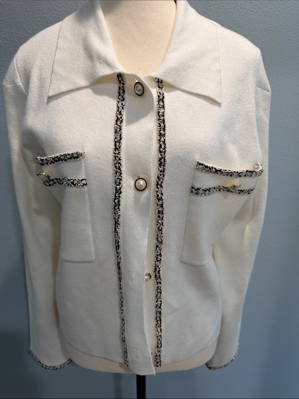 Fate Cream Button-Front Cardigan with Tweed Trim